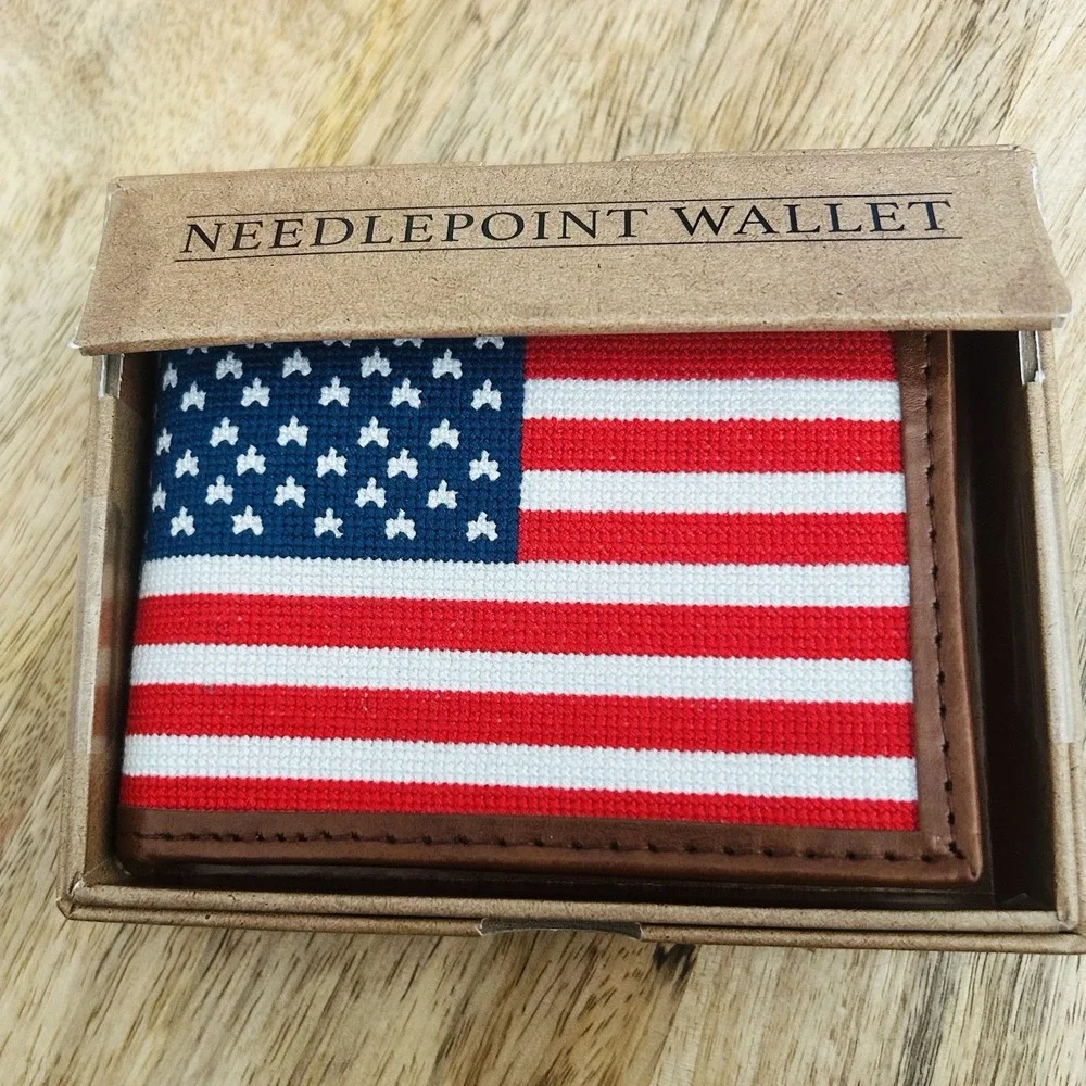 NWT Kraftsman Co. Needlepoint American Flag Wallet | Men's Leather Bi‑Fold